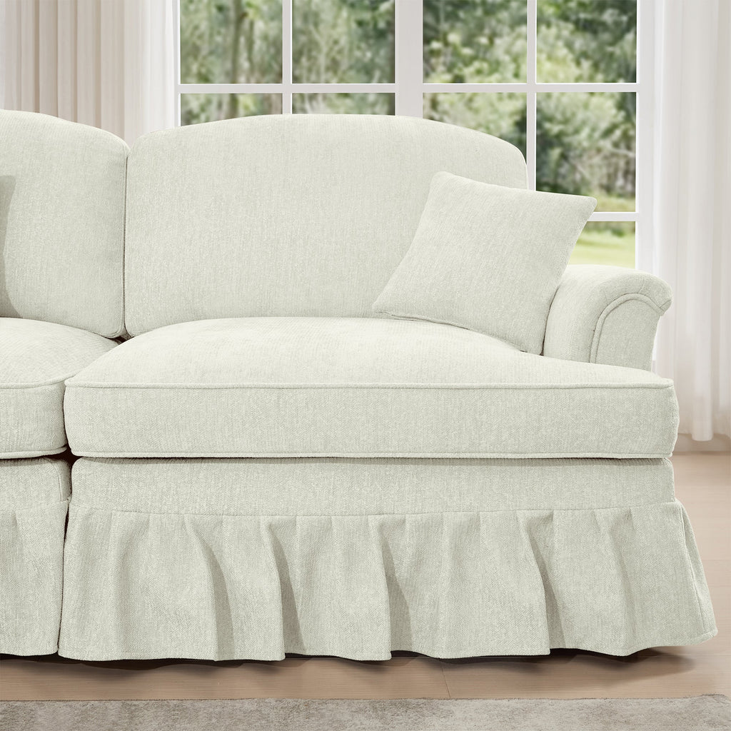 Classic Three Seater Modular L Shaped Sectional Couch with Flared Arms and Removable Ruffles Pleats Skirts and Spindle Legs, Comfy Chenille Four-Seat Deep Seat Sofa with Movable Ottoman, Beige White