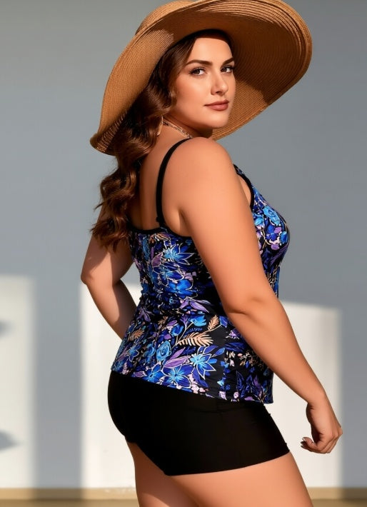 Women's Plus Size Blue Floral Two-piece Casual Swimsuit