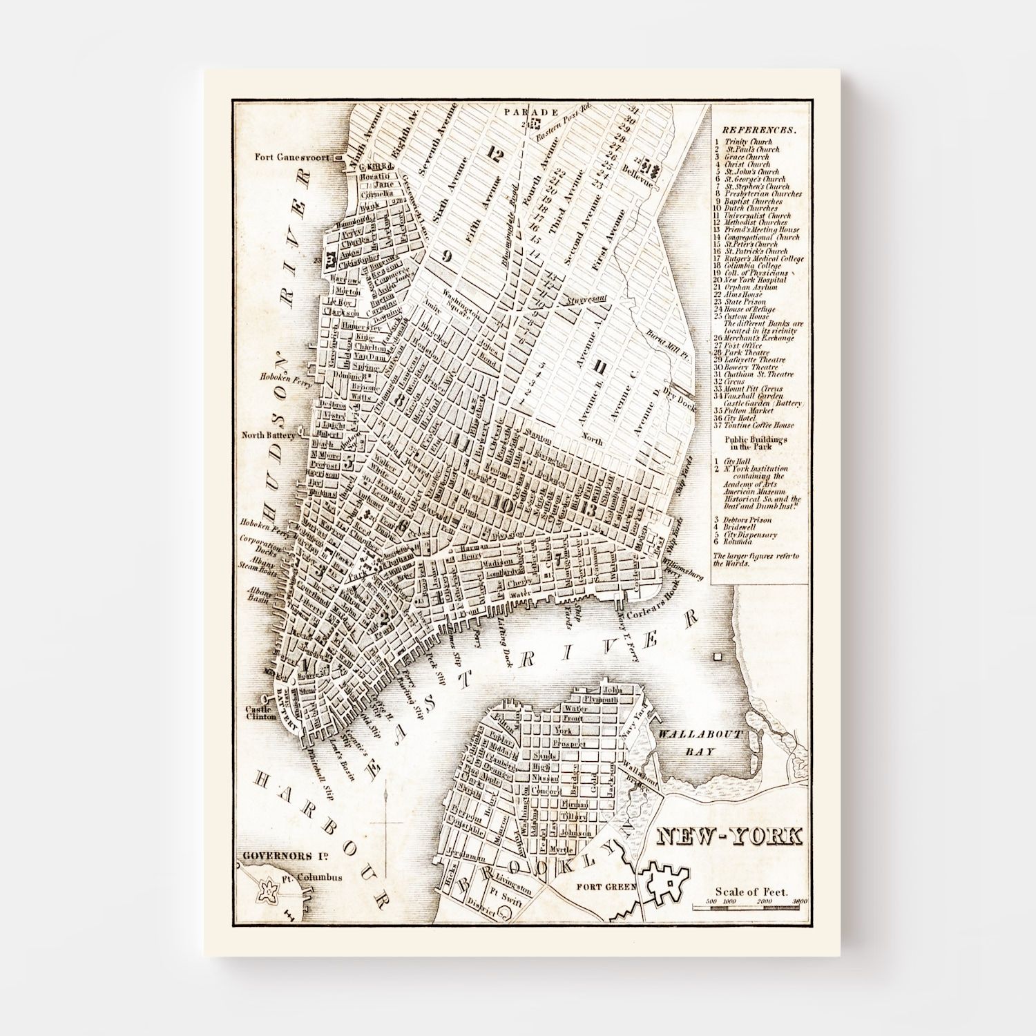 Vintage Map of New York City, New York 1837