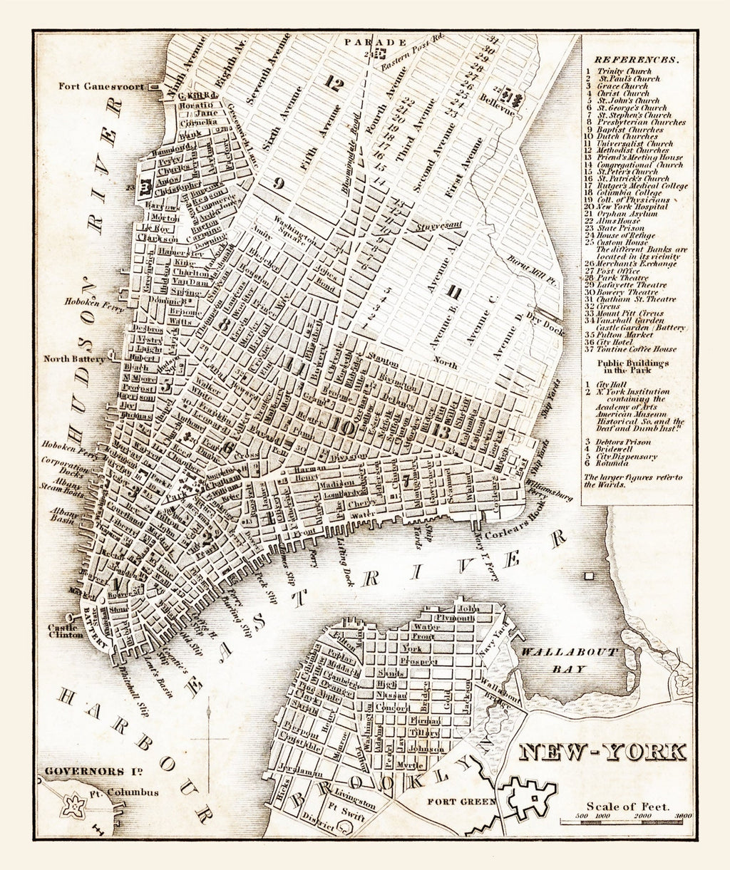 Vintage Map of New York City, New York 1837