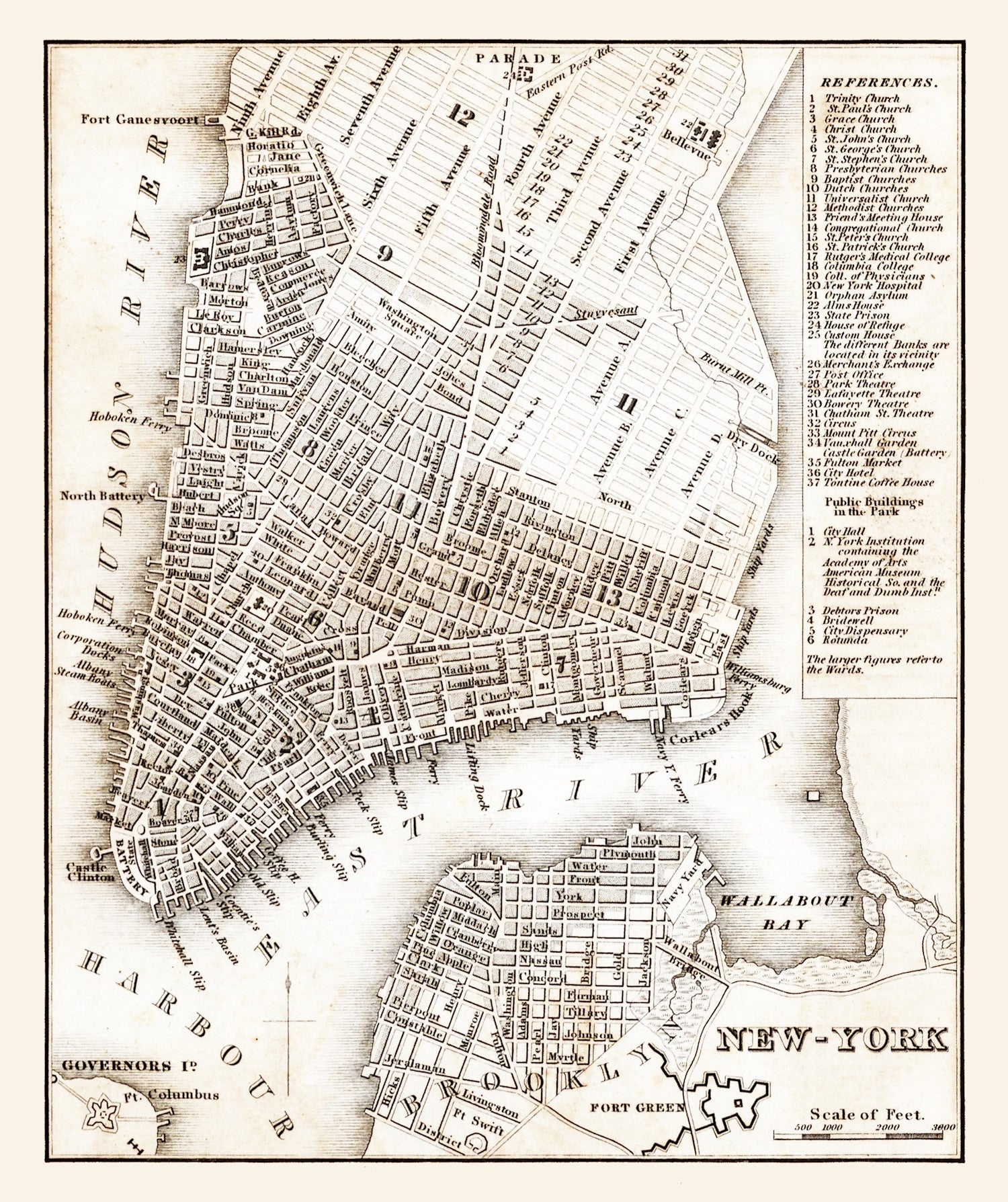 Vintage Map of New York City, New York 1837