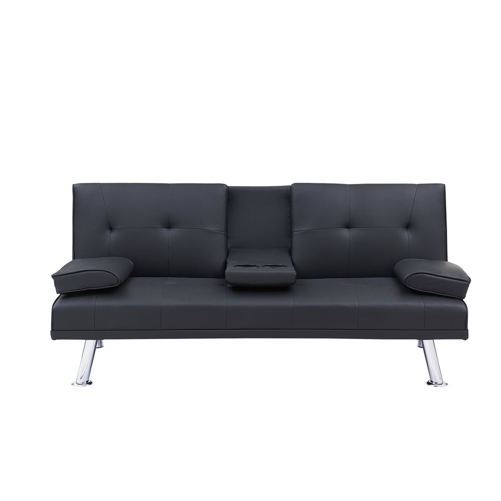 Black Leather Office Double Folding Sofa Bed with Matching Coffee Table, Multifunctional Design