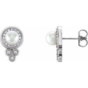 Sterling Silver Cultured White Freshwater Pearl & 1/5 CTW Natural Diamond Earrings