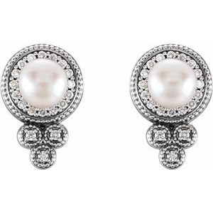 14K White Gold Cultured White Freshwater Pearl & 1/5 CTW Natural Diamond Earrings