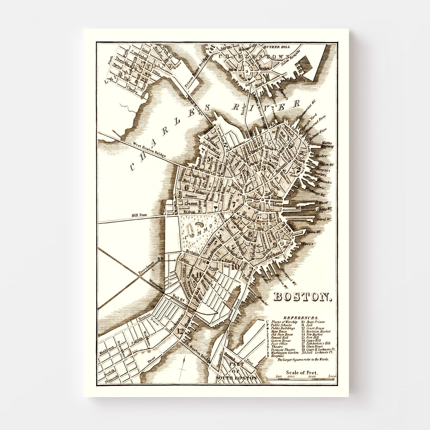 Vintage Map of Boston, Massachusetts 1844