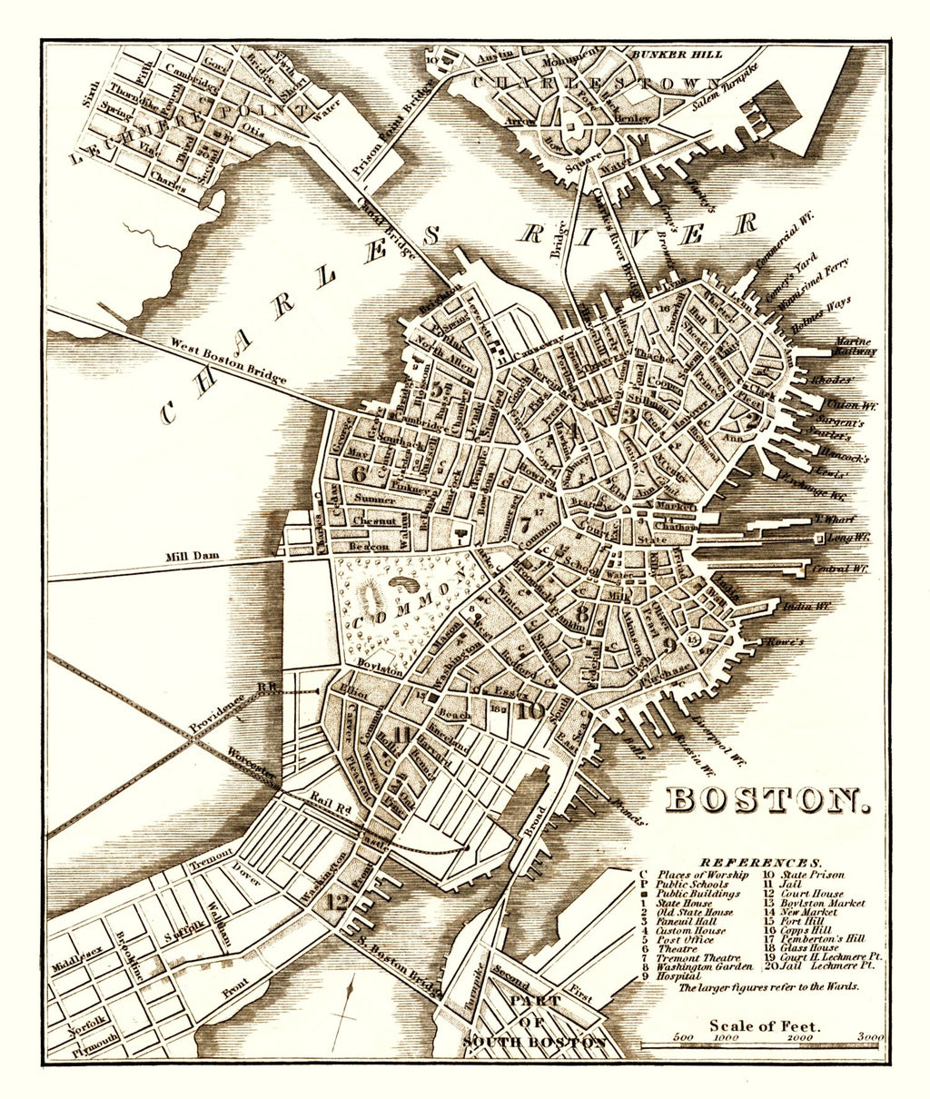 Vintage Map of Boston, Massachusetts 1844