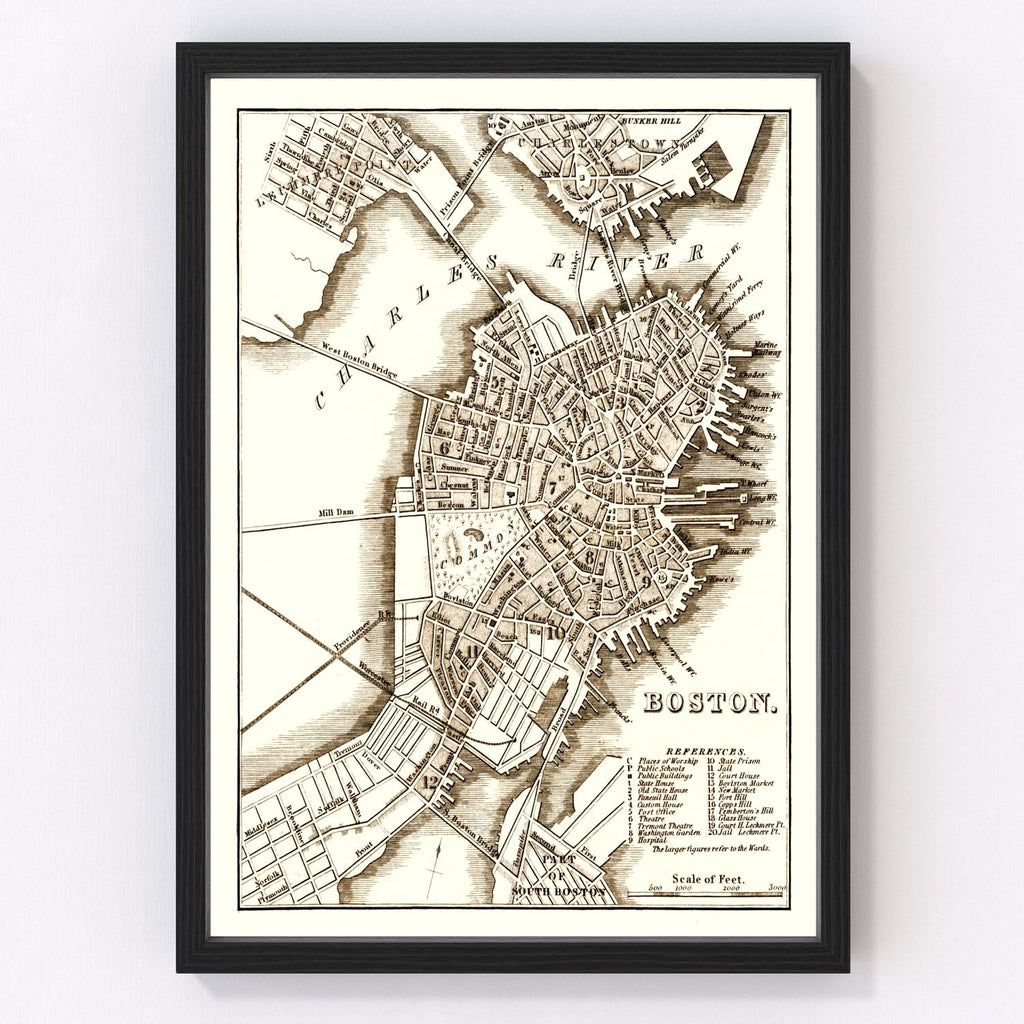 Vintage Map of Boston, Massachusetts 1844