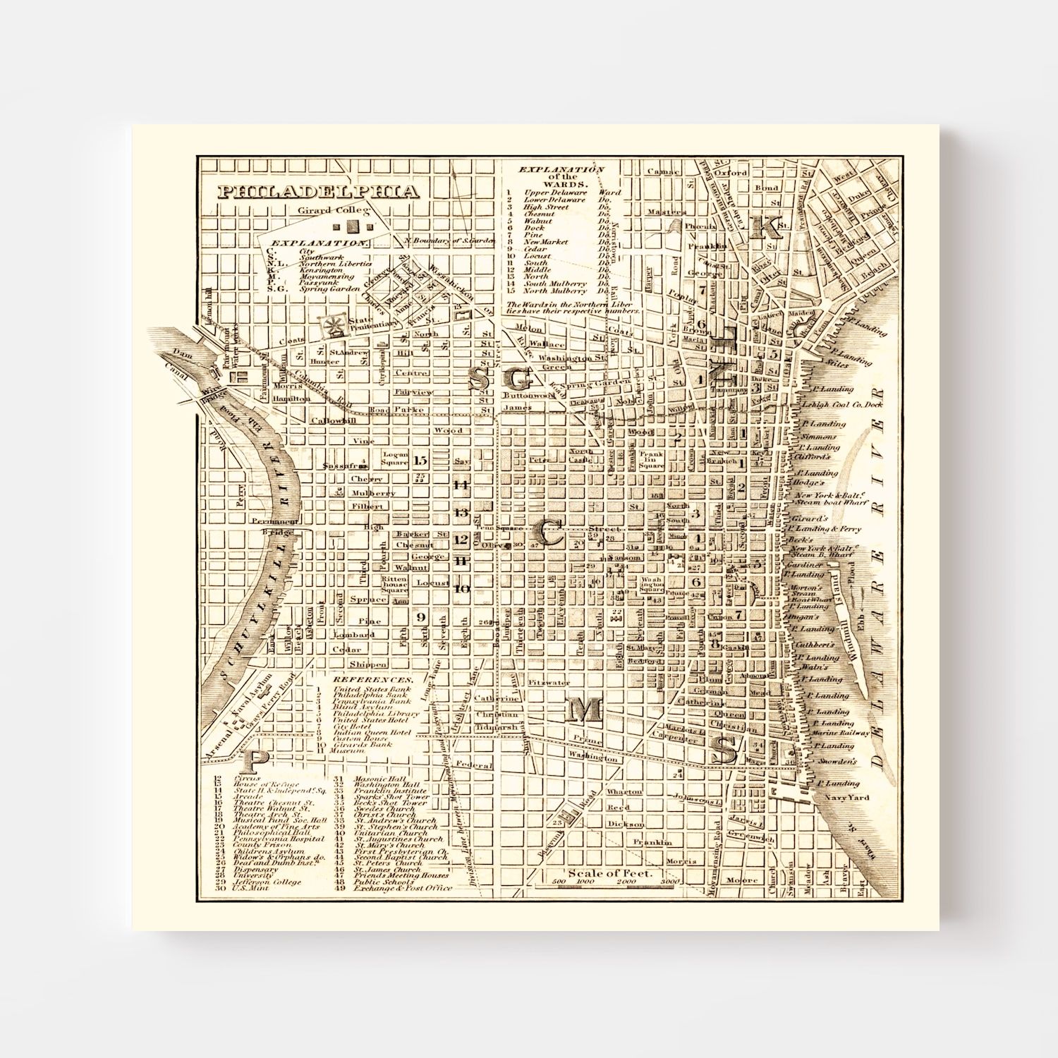 Vintage Map of Philadelphia, Pennsylvania 1844