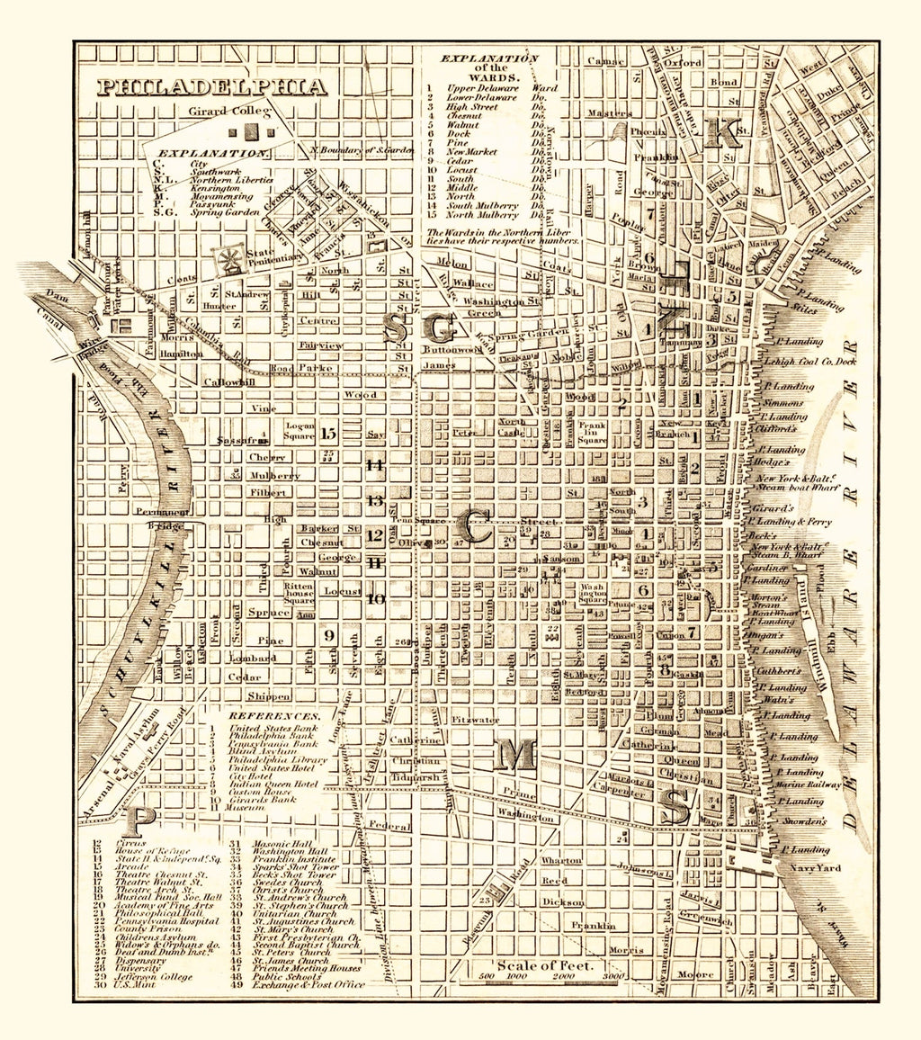 Vintage Map of Philadelphia, Pennsylvania 1844