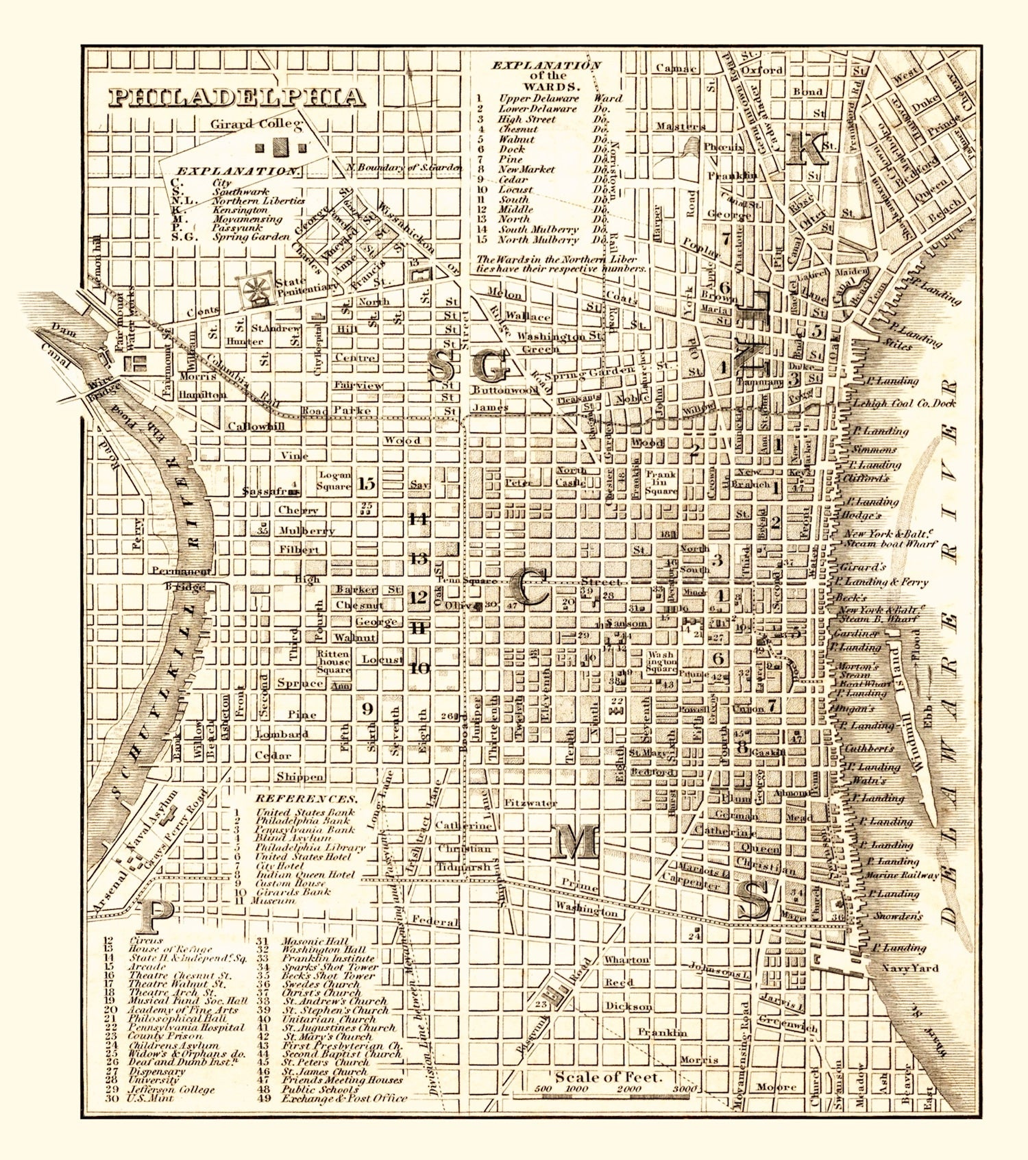Vintage Map of Philadelphia, Pennsylvania 1844