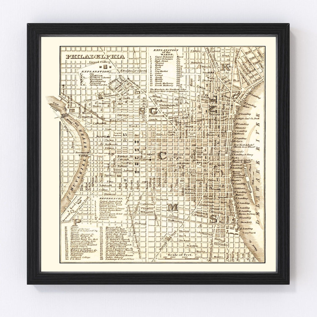 Vintage Map of Philadelphia, Pennsylvania 1844