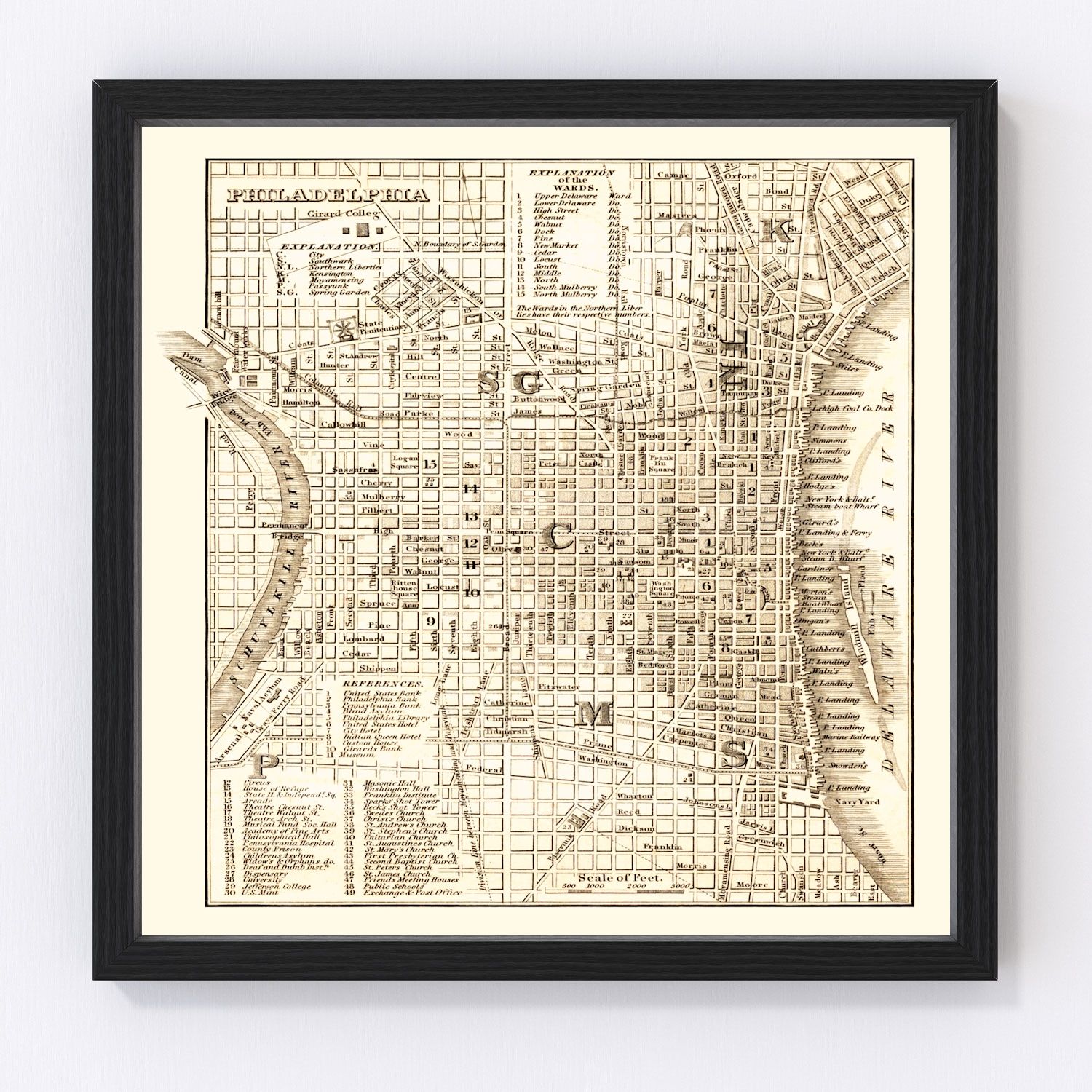 Vintage Map of Philadelphia, Pennsylvania 1844
