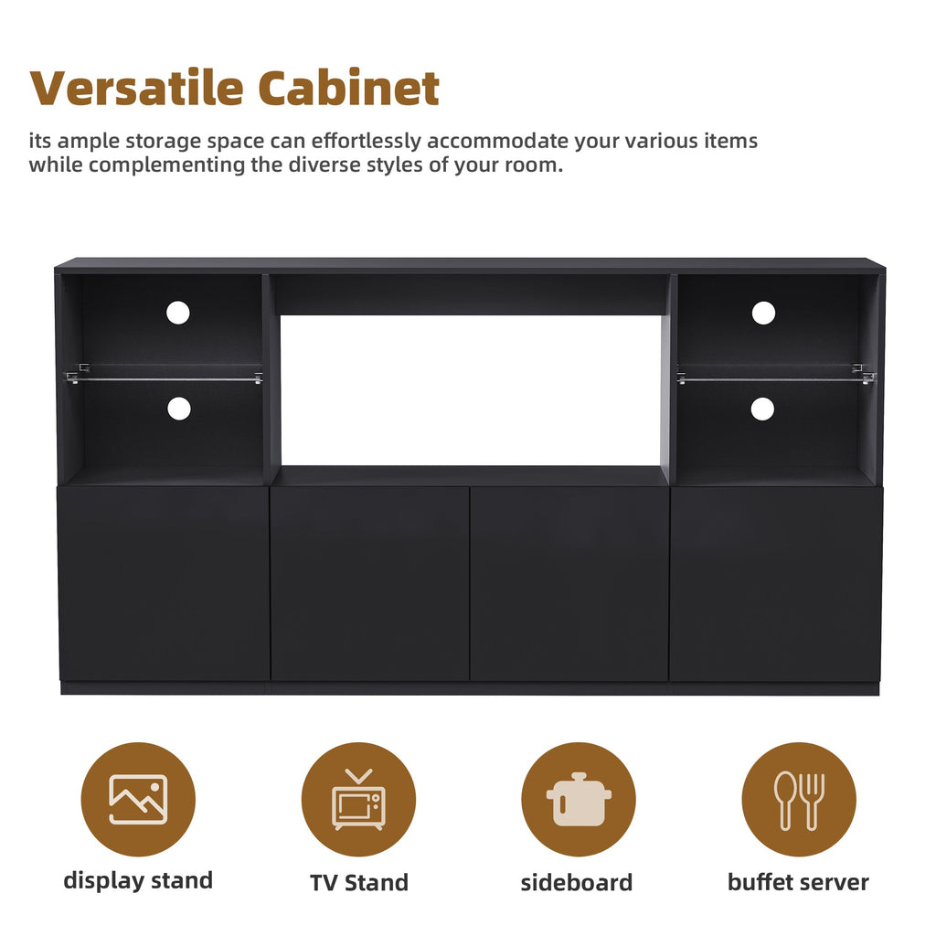 ON-TREND High Gloss TV Stand with LED Lights, Modern Sideboard with Large Storage Cabinet, Media Console with Tempered Glass Shelves for TVs up to 75', Living Room, Black, 67'Wx13.7'D