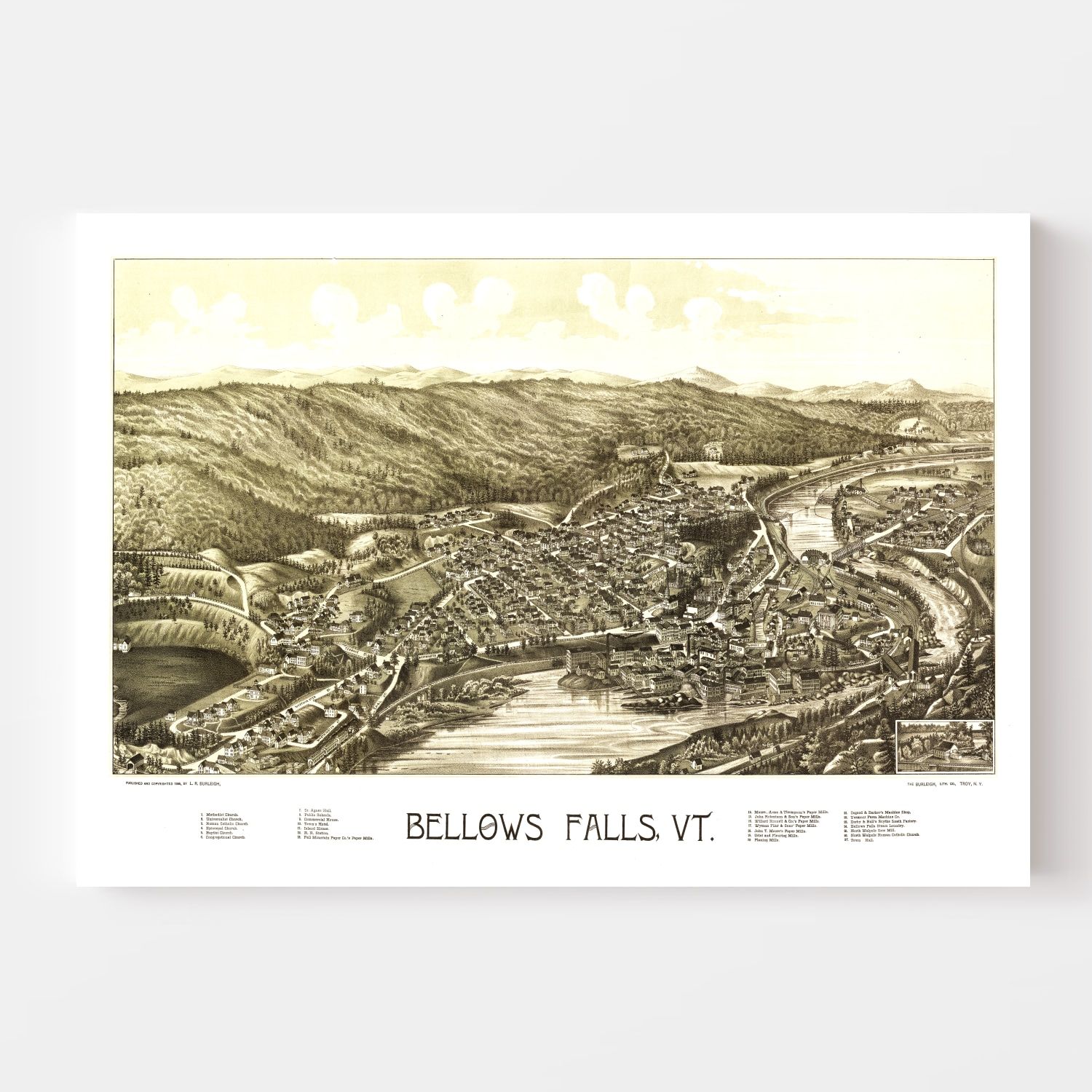 Vintage Map of Bellows Falls, Vermont 1886