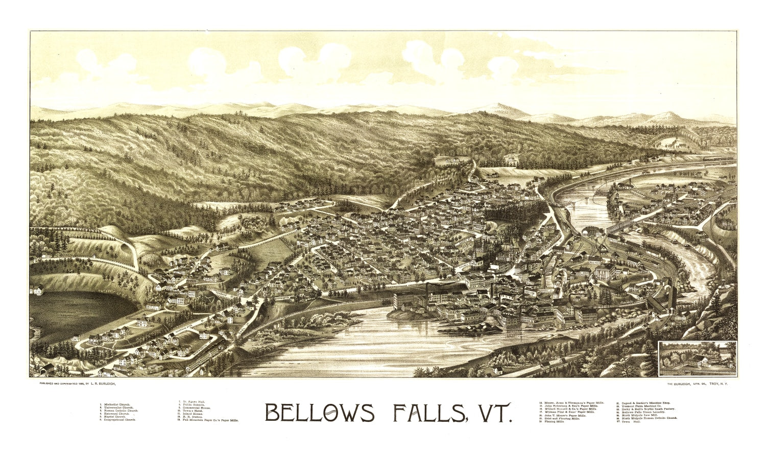 Vintage Map of Bellows Falls, Vermont 1886