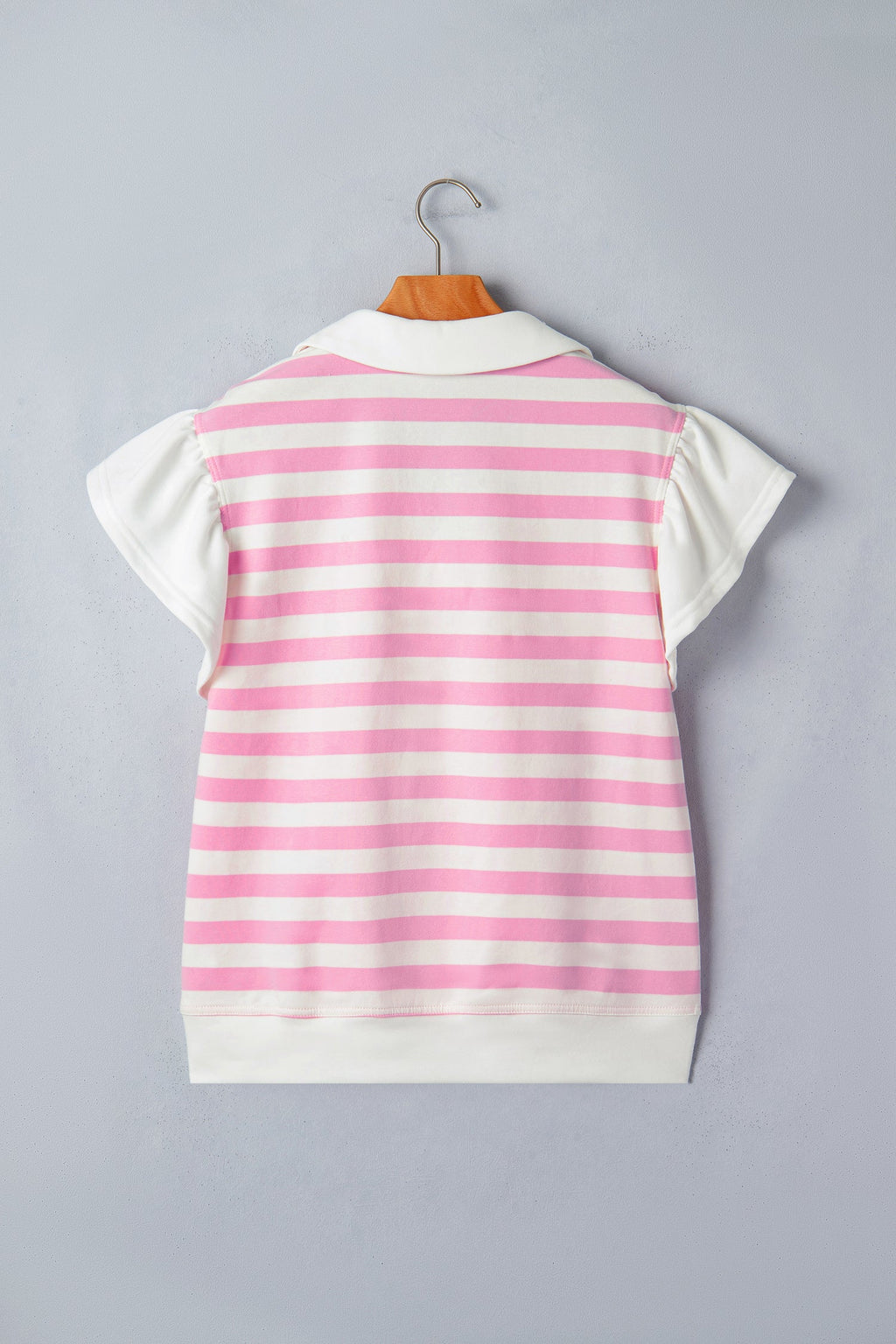 Stripe Collar V-Neck Ruffle Short Sleeve Blouse
