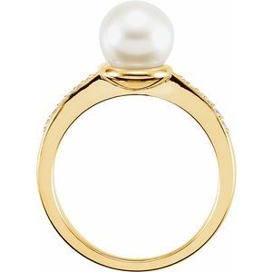 14K Yellow Gold Cultured White Freshwater Pearl & .06 CTW Natural Diamond Ring