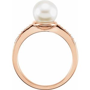 14K Rose Gold Cultured White Freshwater Pearl & .06 CTW Natural Diamond Ring