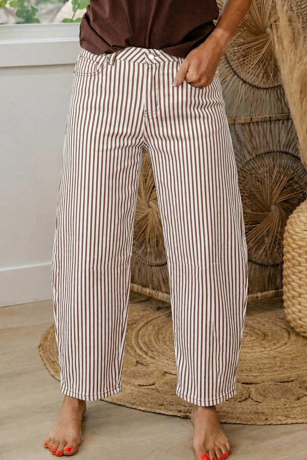 Stripe Denim High Waist Barrel Leg Jeans