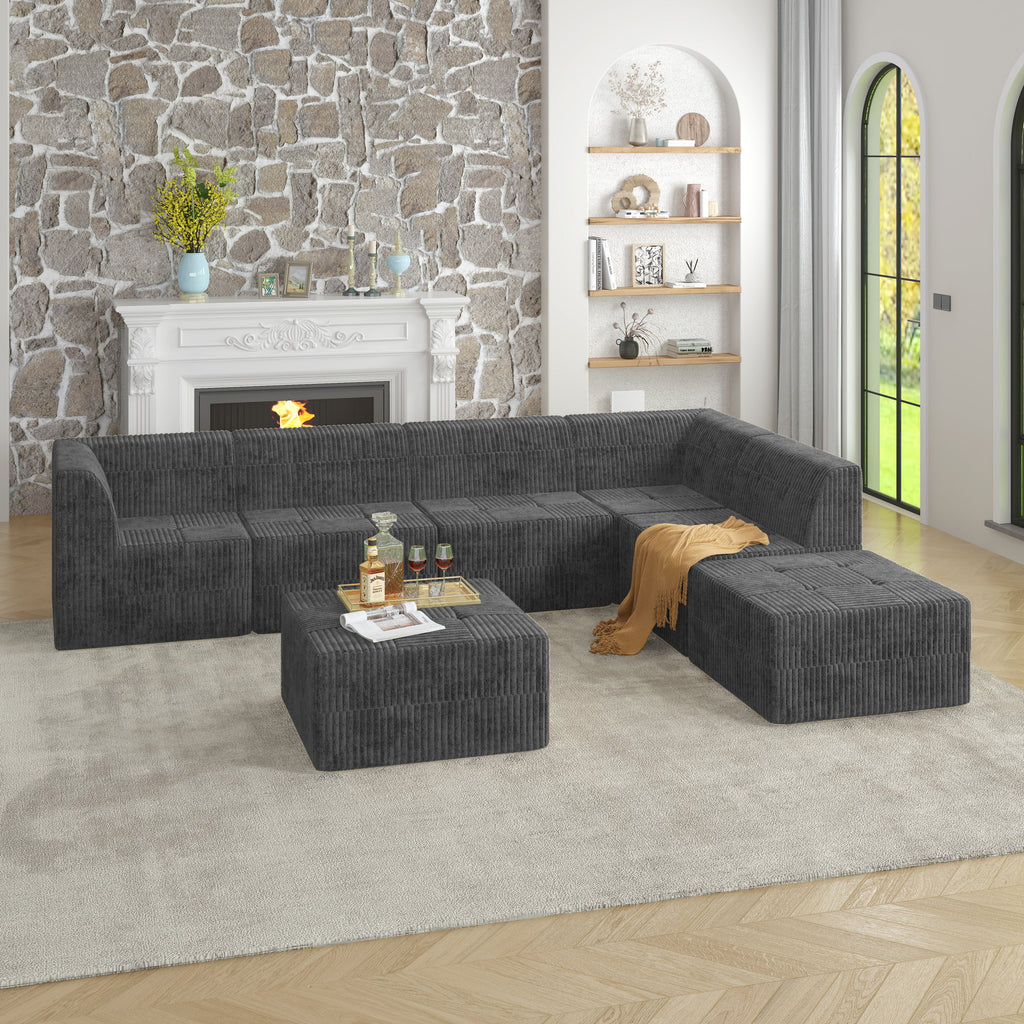 L shape Modular Sectional Sofa,DIY Compressed Sectional Sofa Modern Minimalist Style Corduroy Couch, Sleeper Sofa for Living Room, Bedroom, Comfy Compressed Sofa Couch Space-Efficient Design-GREY