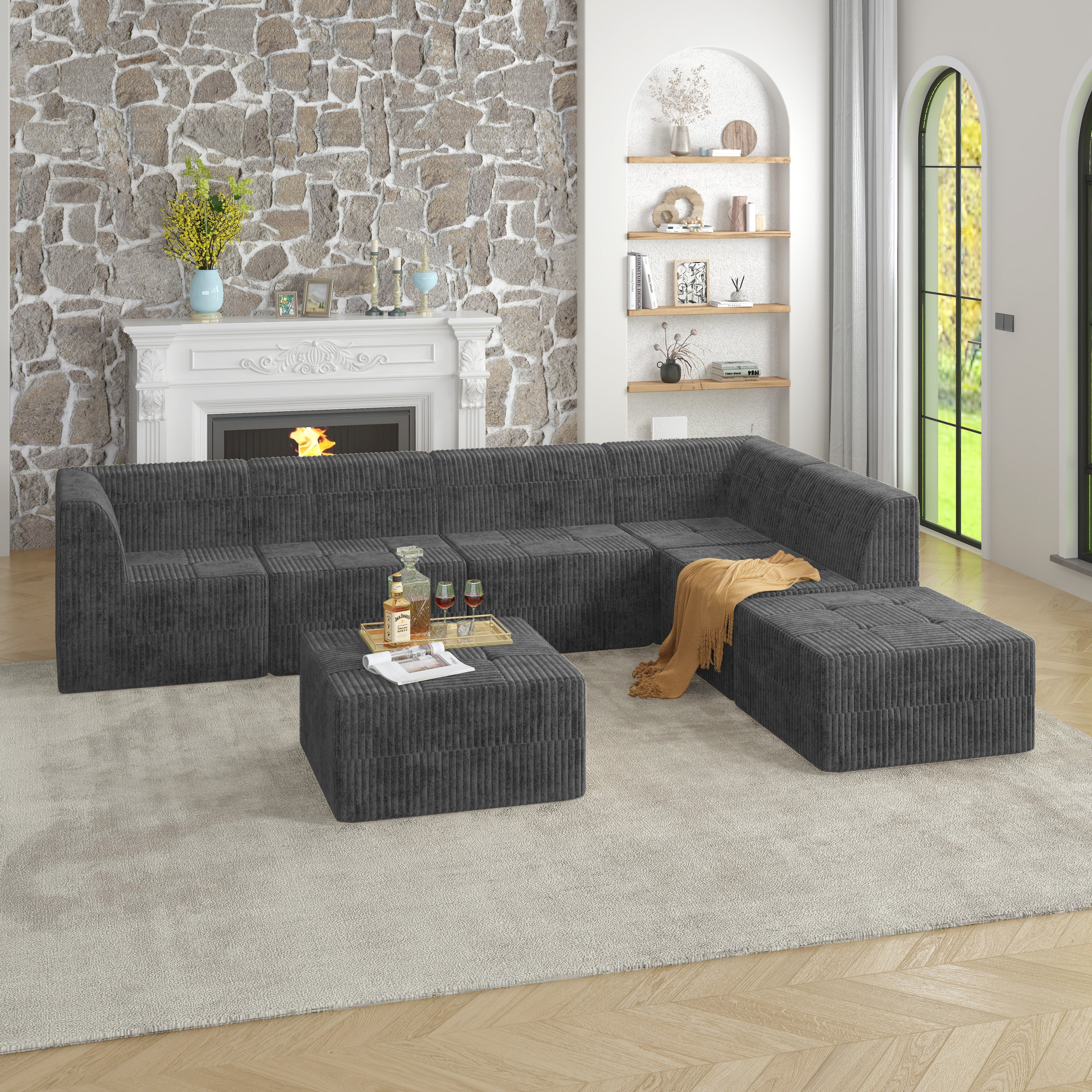 L shape Modular Sectional Sofa,DIY Compressed Sectional Sofa Modern Minimalist Style Corduroy Couch, Sleeper Sofa for Living Room, Bedroom, Comfy Compressed Sofa Couch Space-Efficient Design-GREY