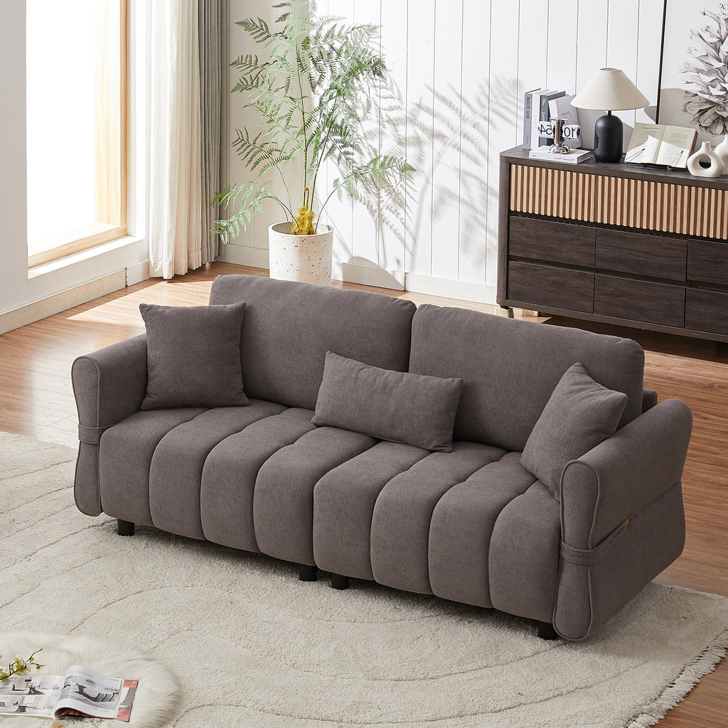 80''Premium chenille fabric sofa with 2 cushions and 1 lumbar pillow Armrest strap design,,upholstered 3-seater sofa  for living rooms, bedrooms,apartments and offices Grey