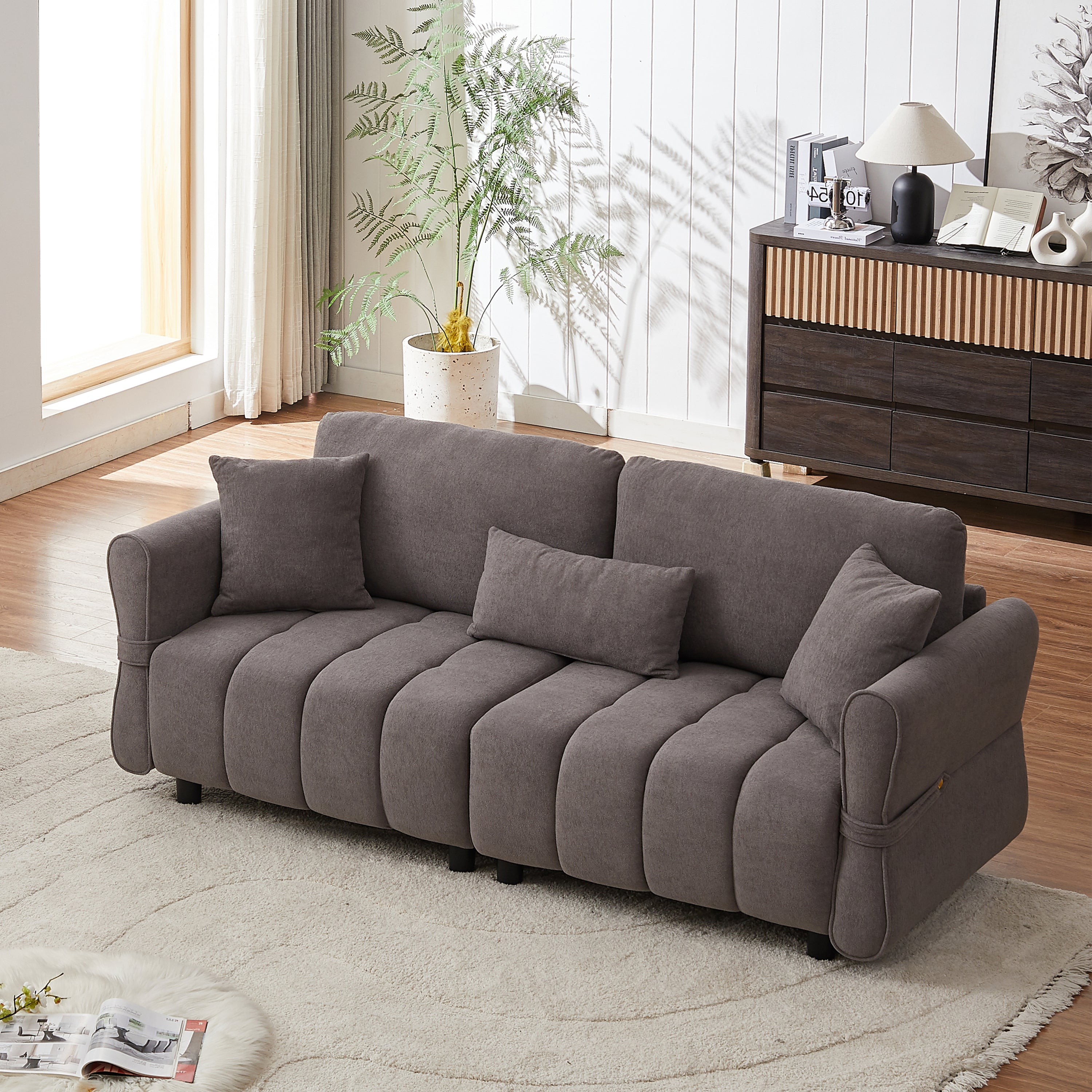 80''Premium chenille fabric sofa with 2 cushions and 1 lumbar pillow Armrest strap design,,upholstered 3-seater sofa  for living rooms, bedrooms,apartments and offices Grey