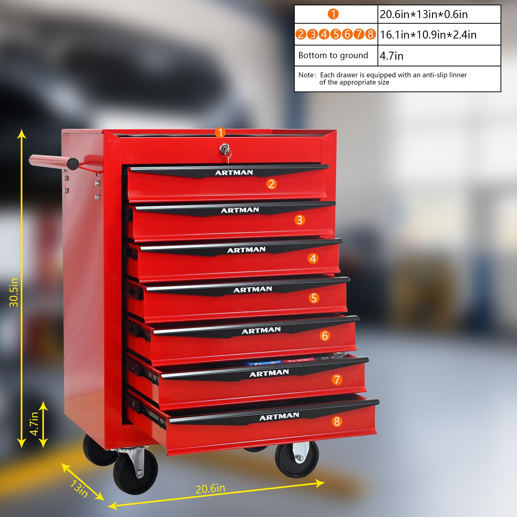 Rolling Metal Tool Chest with 7 Drawers, 20' Steel Storage Cabinet with Ball Bearing Slides, Red and Black Finish