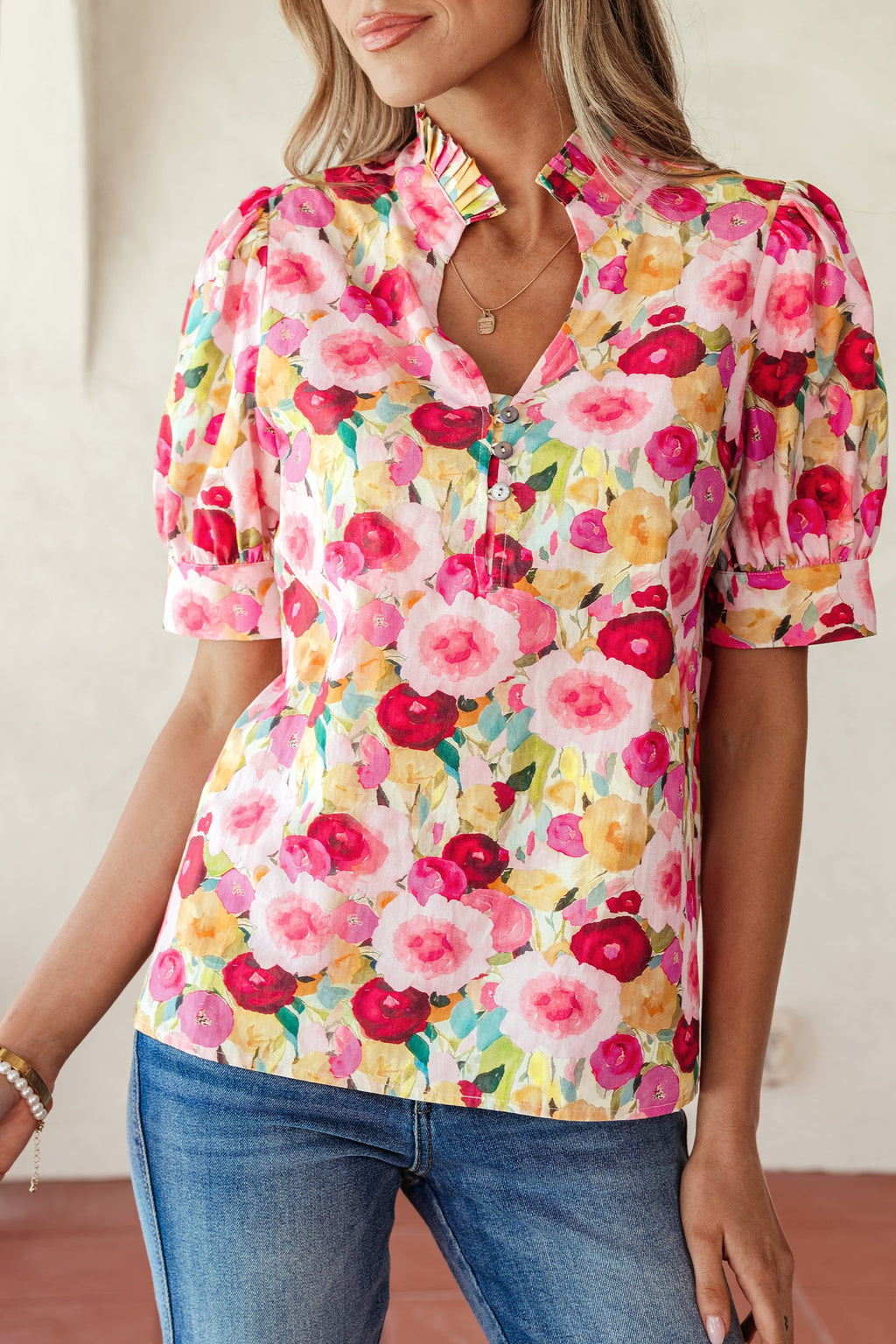 Floral Frilled V-Neck Short Puff Sleeve Blouse