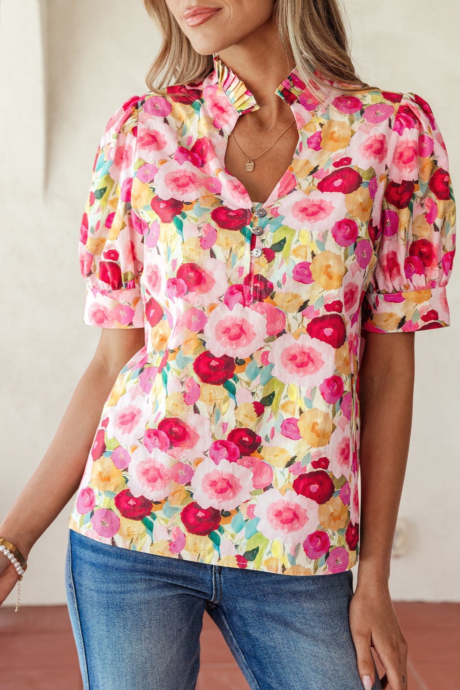 Floral Frilled V-Neck Short Puff Sleeve Blouse