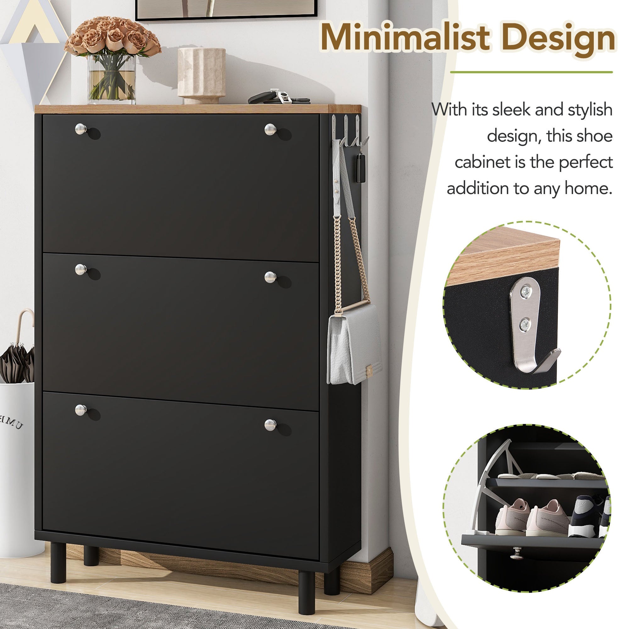 ON-TREND Narrow Design Tipping Bucket Shoe Cabinet with 3 Flip Drawers, Wood Grain Pattern Top Entryway Organizer with 3 Hooks, Free Standing Shoe Rack with Adjustable Panel for Hallway, Black