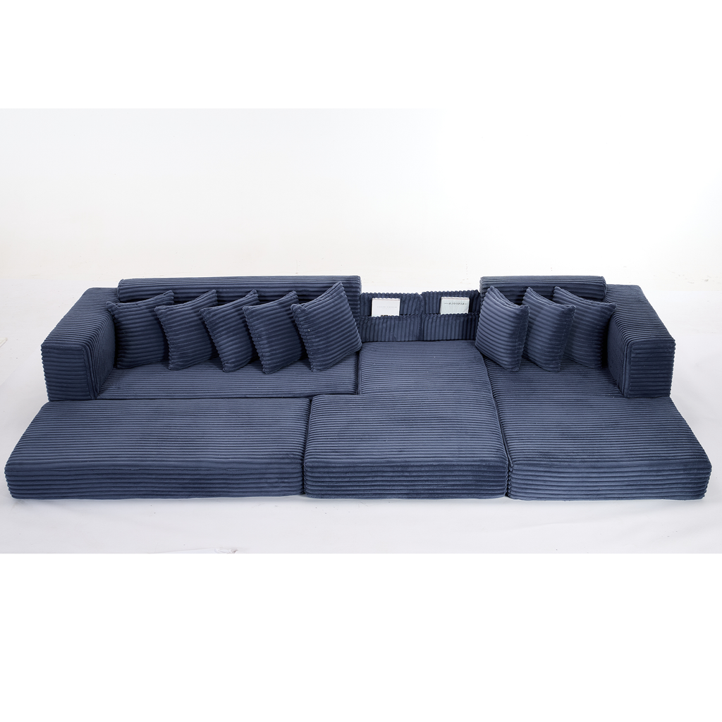 [NEW ARRIVED] [VIDEO PROVIDED] Oversize Cloud Sectional Couch, L-Shape Sofa, Convertible Floor Sleeper Sofa Bed, No Assembly ,Eight pillows,3-in-1,Magazine bag,(Right Facing Sofa),3 Seat,Corduroy,Blue