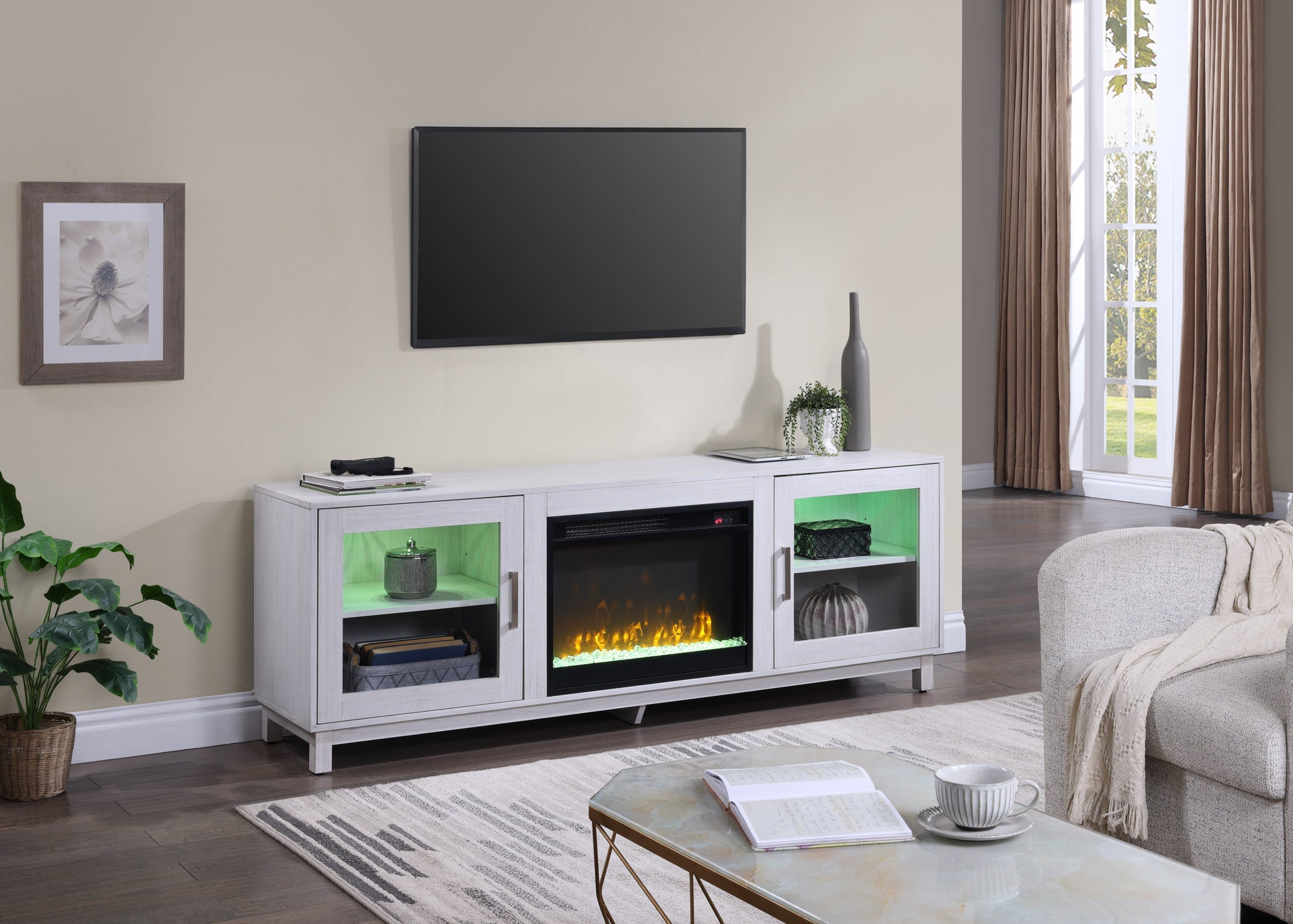 Summit 70' White Walnut Finish TV Stand Console with Fireplace, Heater