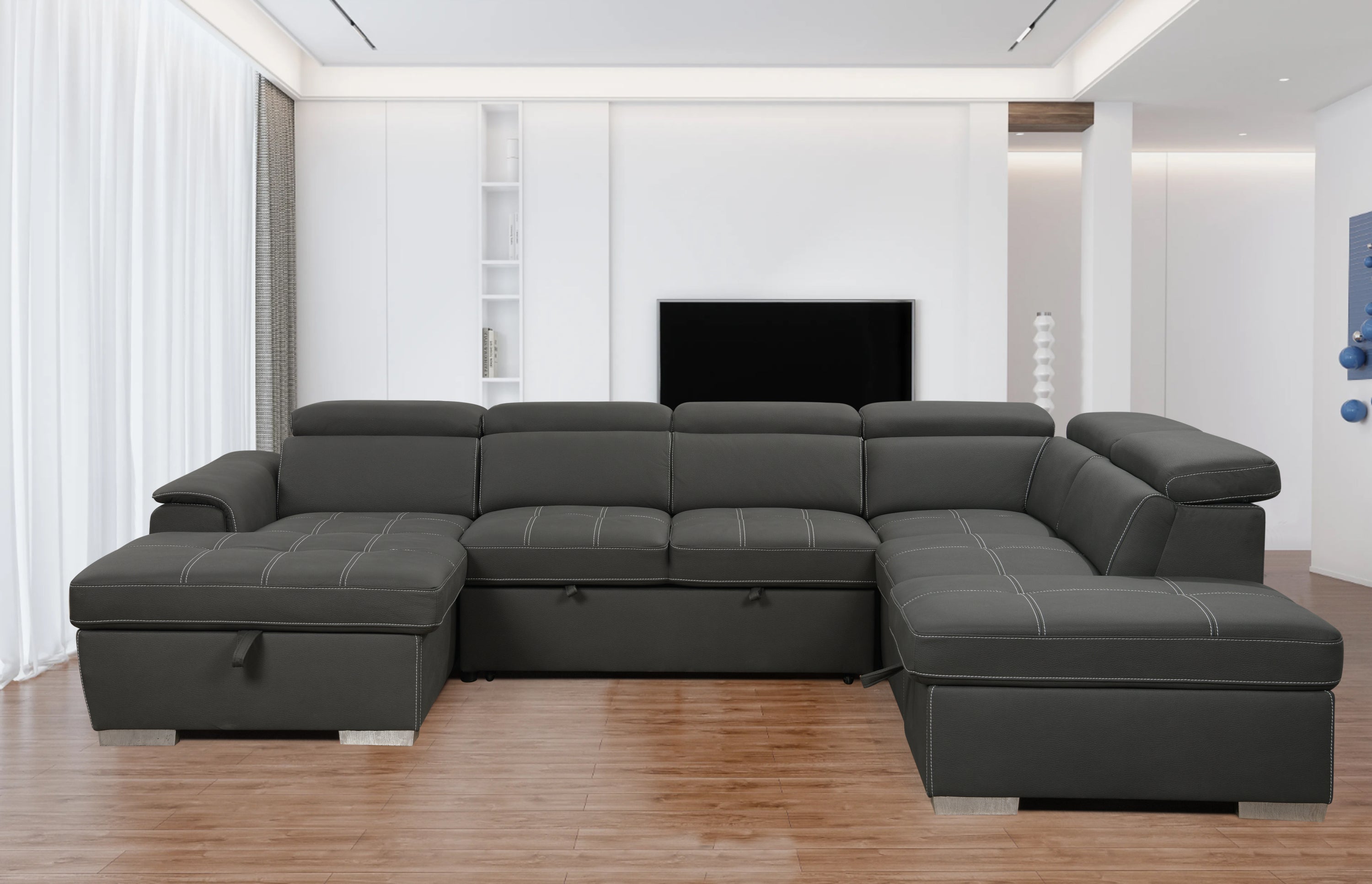 128'Sofa U Shaped Sectional Couch with Ottomans Reversible Modular Sofa 7 Seater Couch with Storage Seat,Living Room Furniture Sofa Sets with Adjustable Headrest, Grey