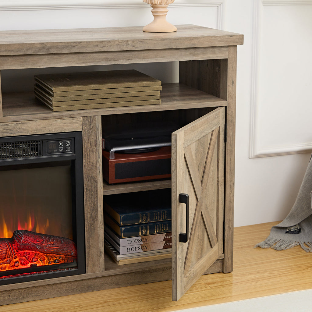 Farmhouse TV Media Stand, Large Barn Inspired Home Entertainment Console, with 18' Fireplace Insert, for TV Up to 65'', with Open Shelves and Closed Cabinets, Gray Wash 57.87*15.75*30.31