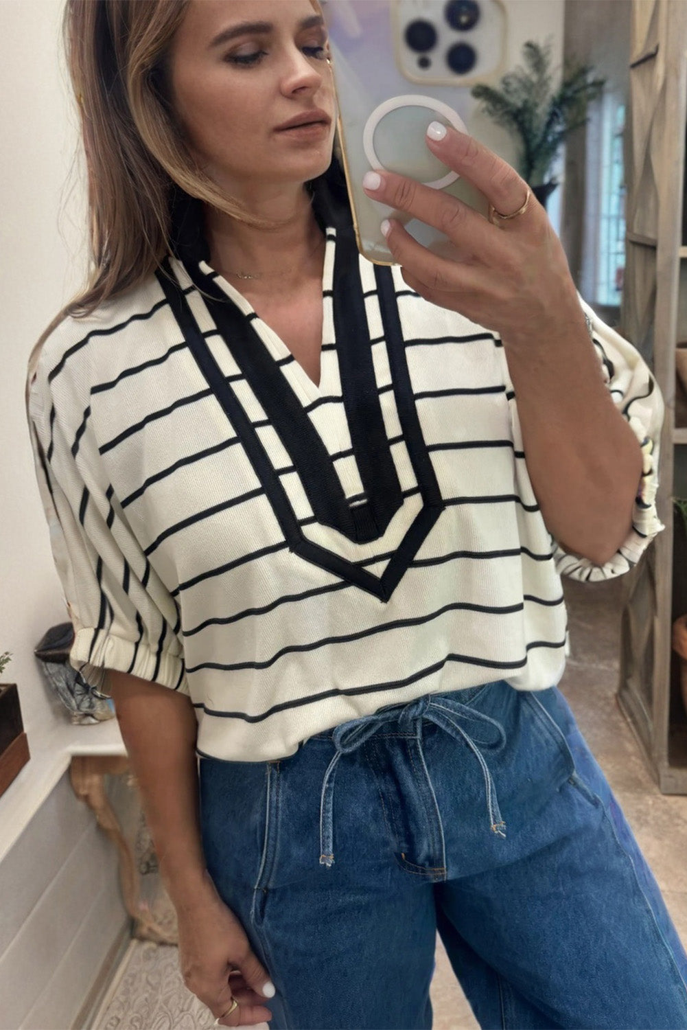 Stripe Stand Collar V-Neck Dolman Sleeve Top
