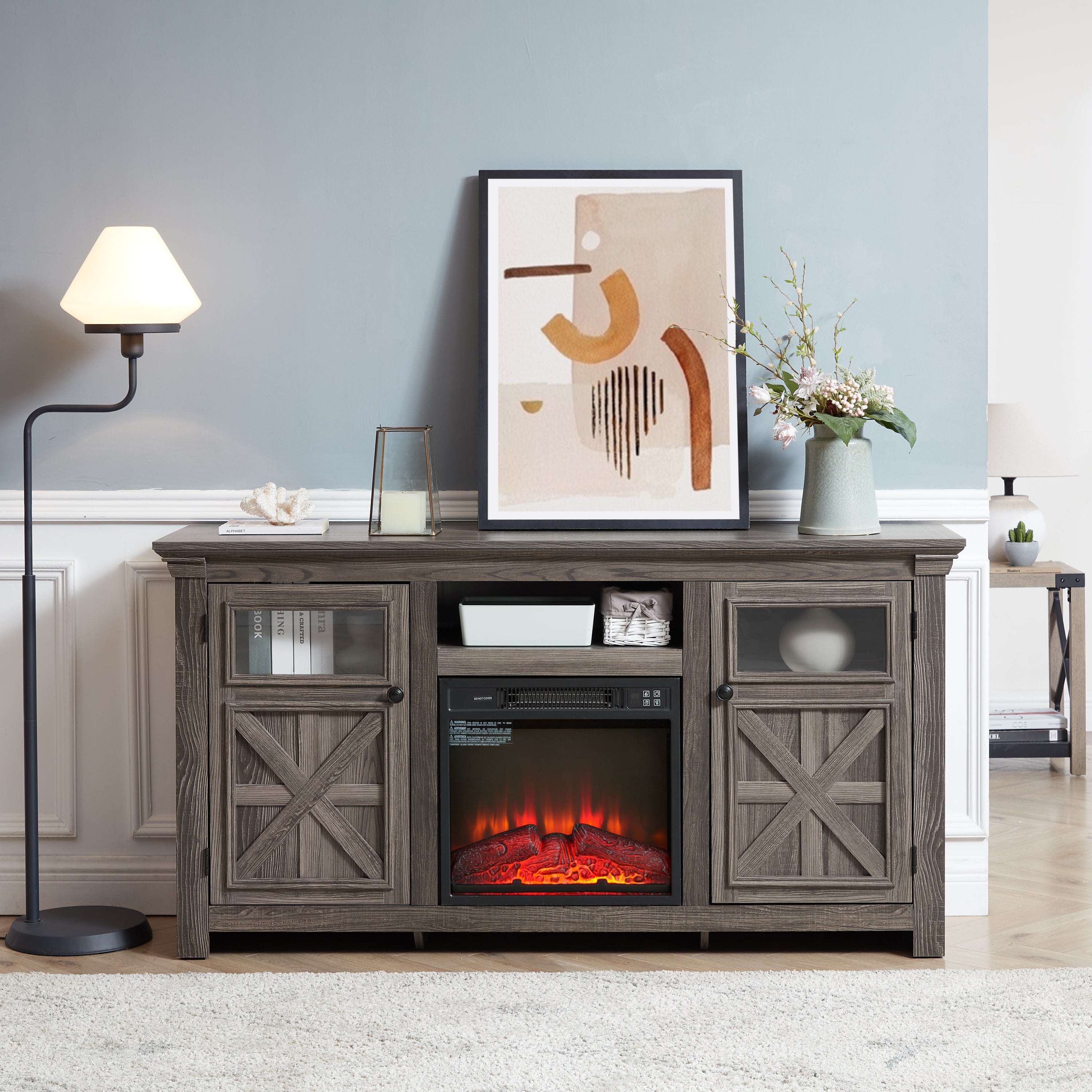 2 Doors Cabinet Farmhouse  Cabinet, Farmhouse TV Stand Barn Design,Farmhouse TV Media Stand, Large Barn Inspired Home Entertainment Console with 18' fireplace insert,GREY, 60.23'W*15.35'D*31.7'H