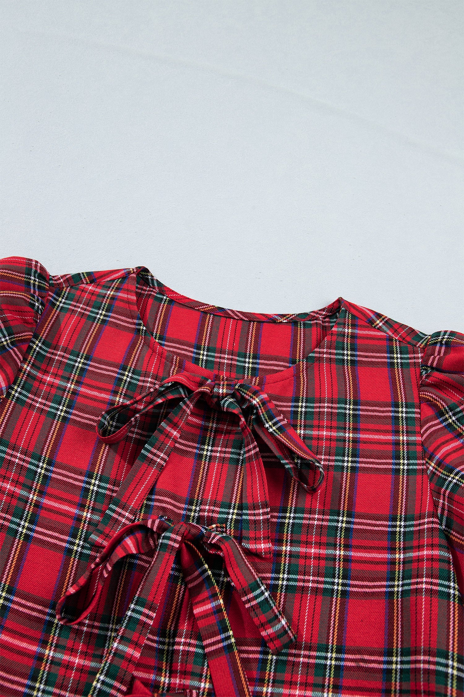 Plaid Bow Tie Neck Short Sleeve Ruffle Mini Dress