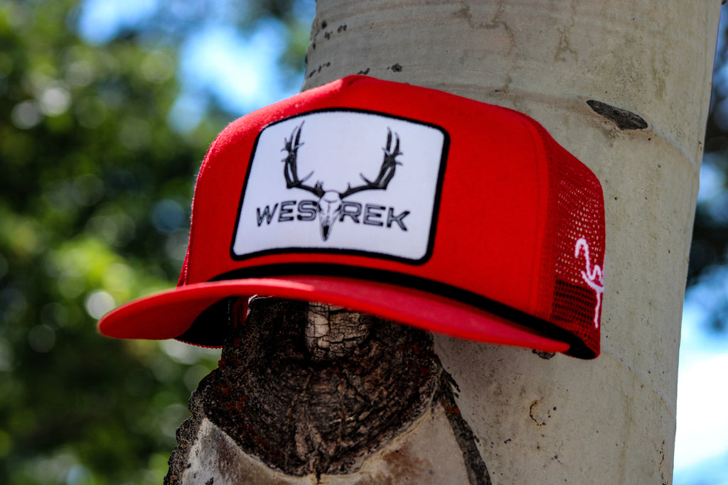 “Red Lightning Wes” 5-Panel Trucker Hat – Retro Western Mesh Back | Original Westrek Logo Cap | Red & White Snapback