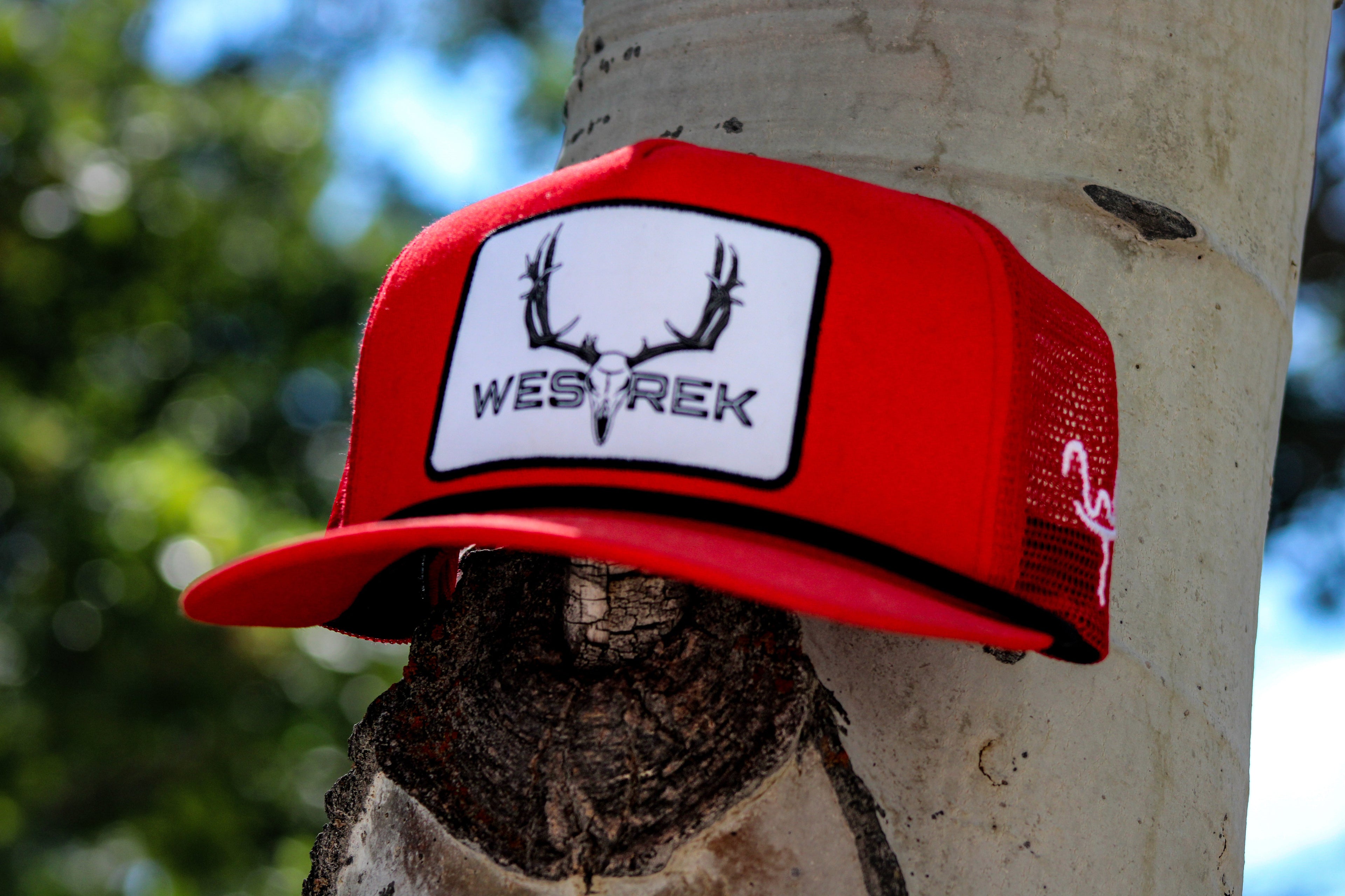“Red Lightning Wes” 5-Panel Trucker Hat – Retro Western Mesh Back | Original Westrek Logo Cap | Red & White Snapback