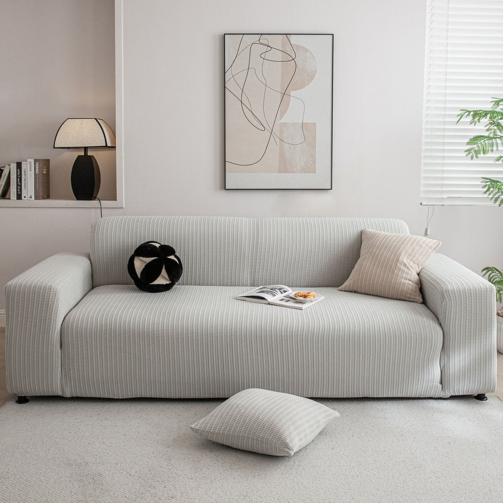 3D Grid Jacquard Sofa Cover, High Stretch Plush Waffle Couch Slipcover with Tie Straps