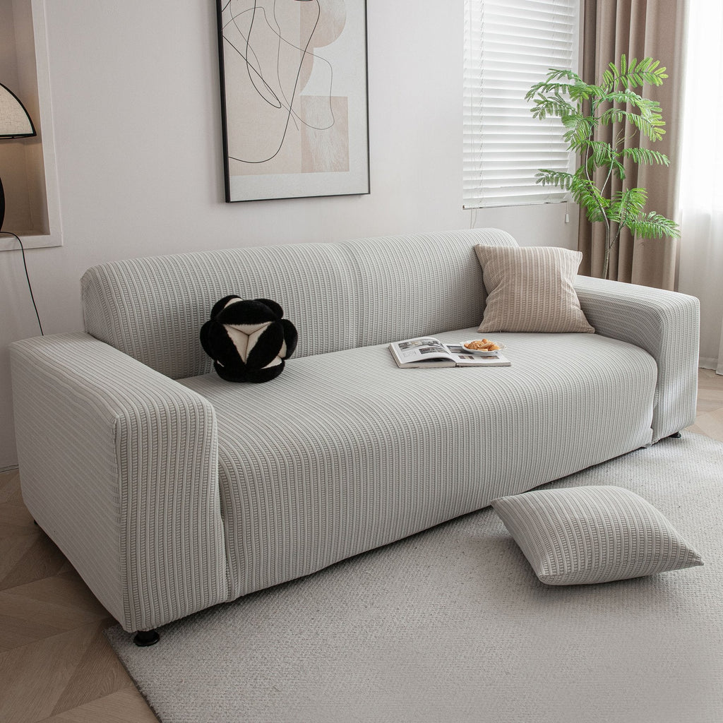 3D Grid Jacquard Sofa Cover, High Stretch Plush Waffle Couch Slipcover with Tie Straps