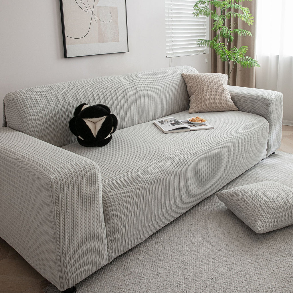 3D Grid Jacquard Sofa Cover, High Stretch Plush Waffle Couch Slipcover with Tie Straps