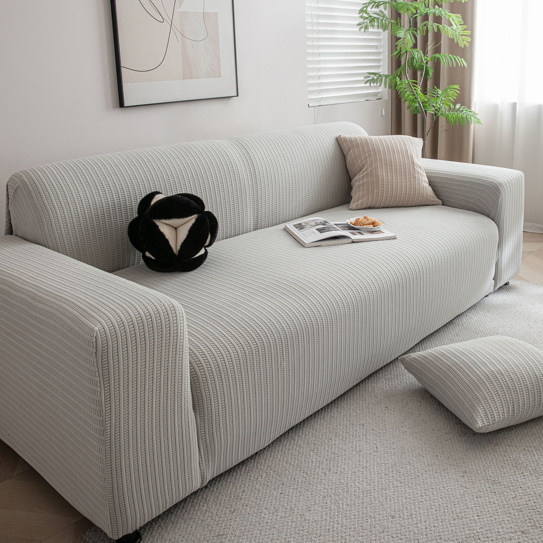 3D Grid Jacquard Sofa Cover, High Stretch Plush Waffle Couch Slipcover with Tie Straps