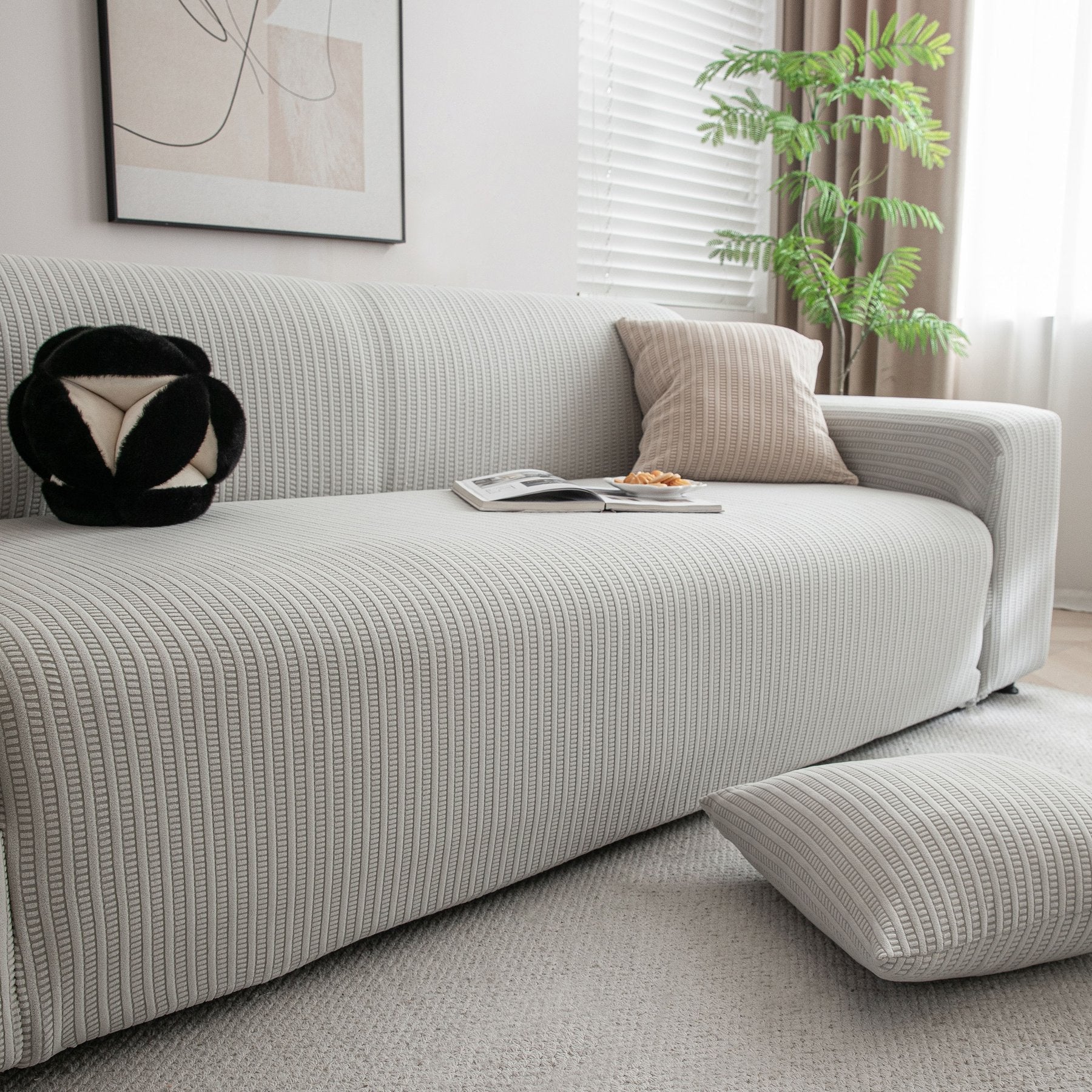 3D Grid Jacquard Sofa Cover, High Stretch Plush Waffle Couch Slipcover with Tie Straps