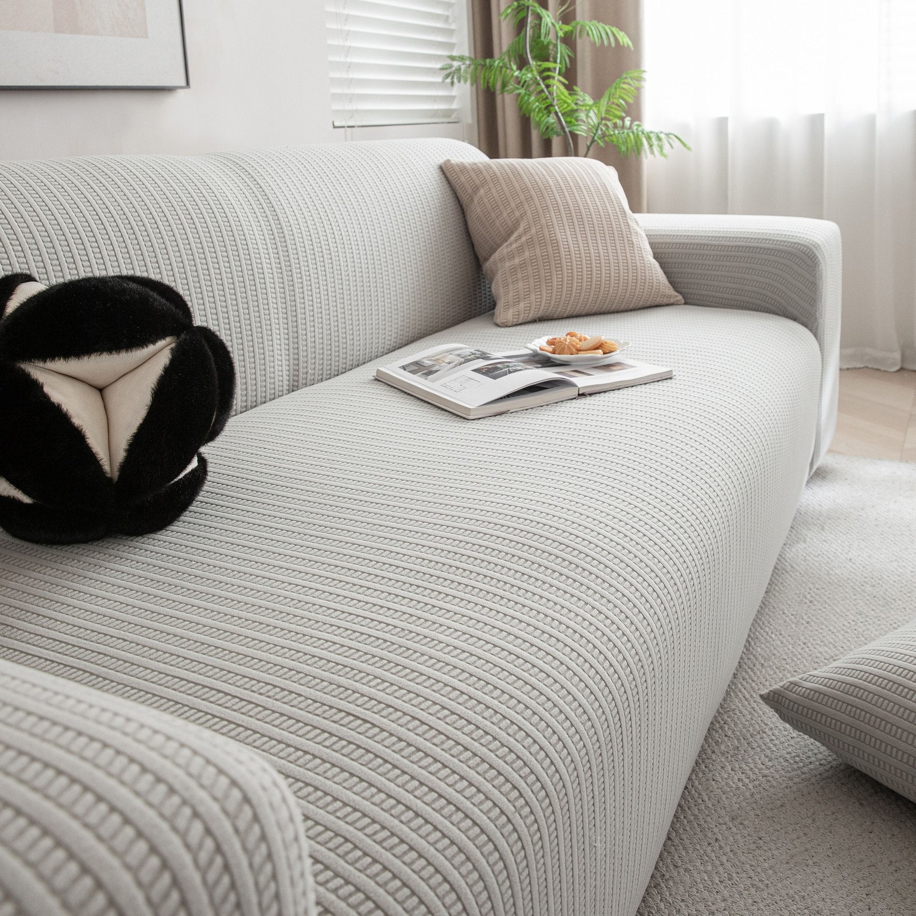3D Grid Jacquard Sofa Cover, High Stretch Plush Waffle Couch Slipcover with Tie Straps