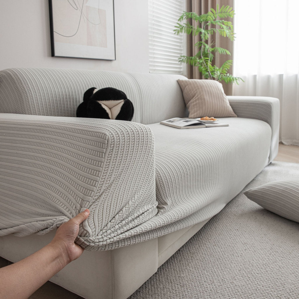 3D Grid Jacquard Sofa Cover, High Stretch Plush Waffle Couch Slipcover with Tie Straps