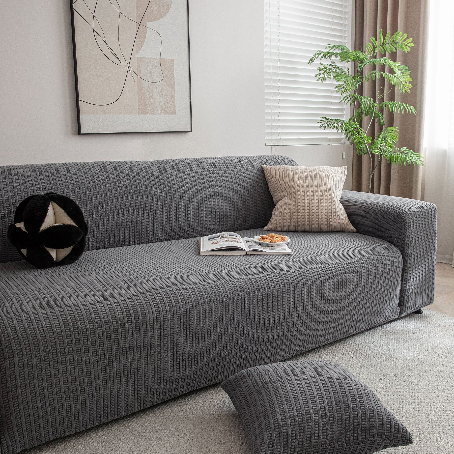 3D Grid Jacquard Sofa Cover, High Stretch Plush Waffle Couch Slipcover with Tie Straps