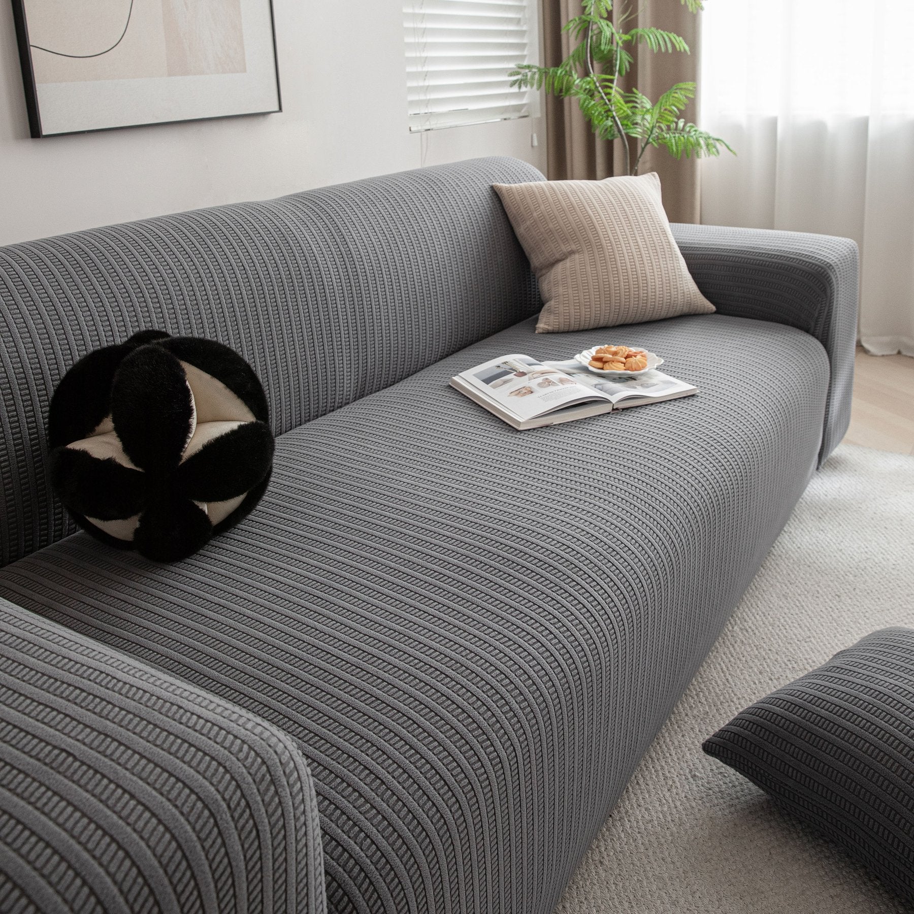 3D Grid Jacquard Sofa Cover, High Stretch Plush Waffle Couch Slipcover with Tie Straps