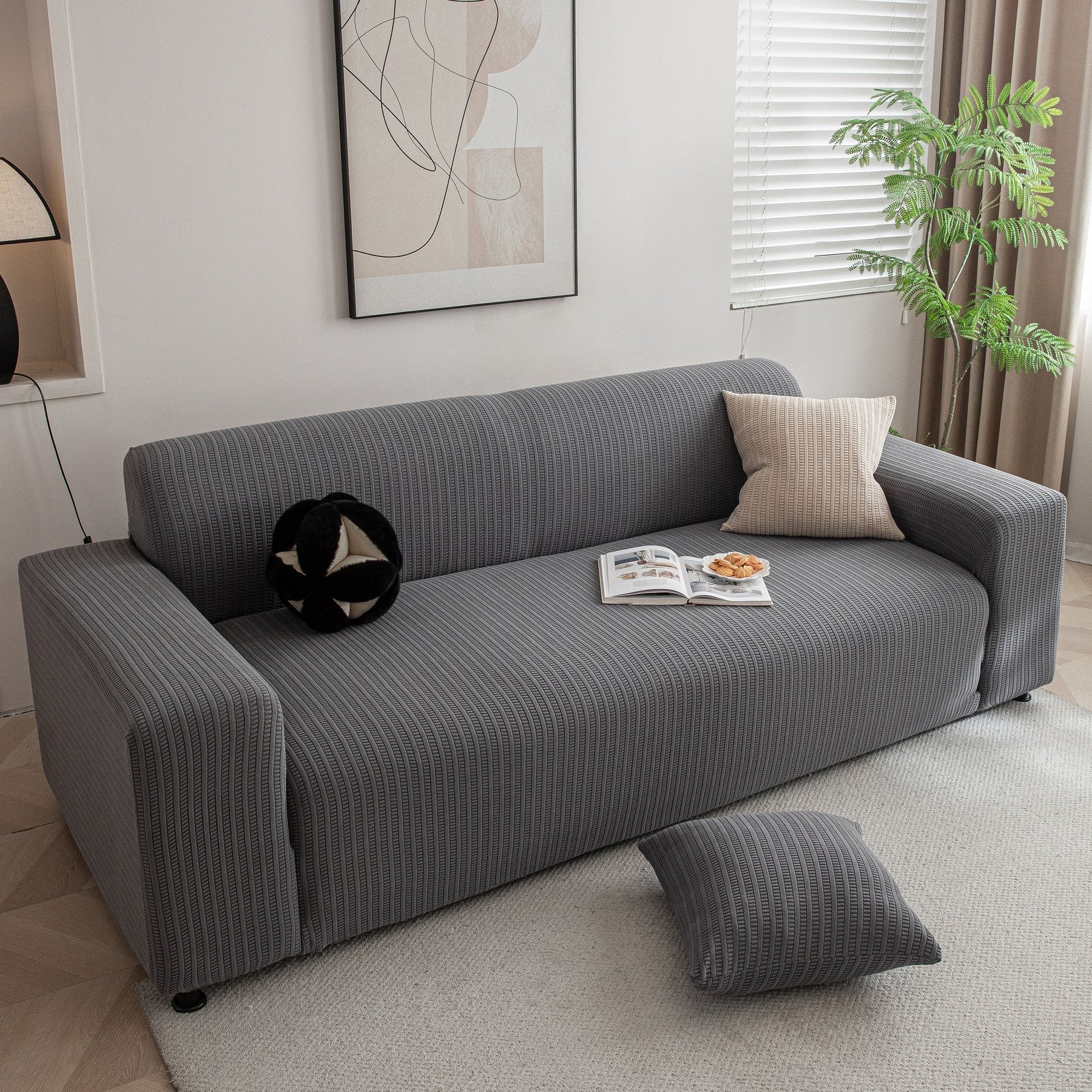 3D Grid Jacquard Sofa Cover, High Stretch Plush Waffle Couch Slipcover with Tie Straps